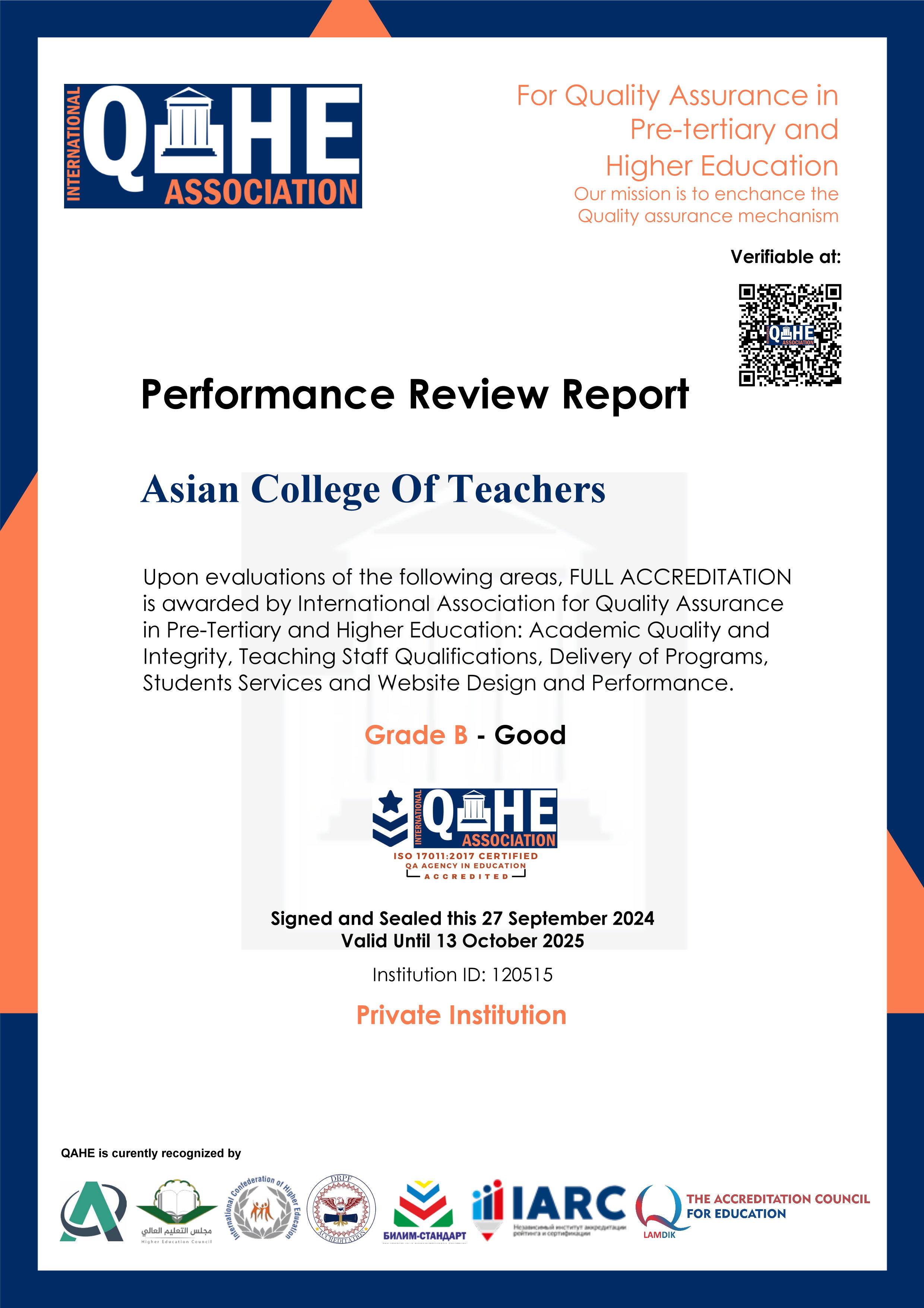 QAHE Accreditation Certificate of Asian College of Teachers