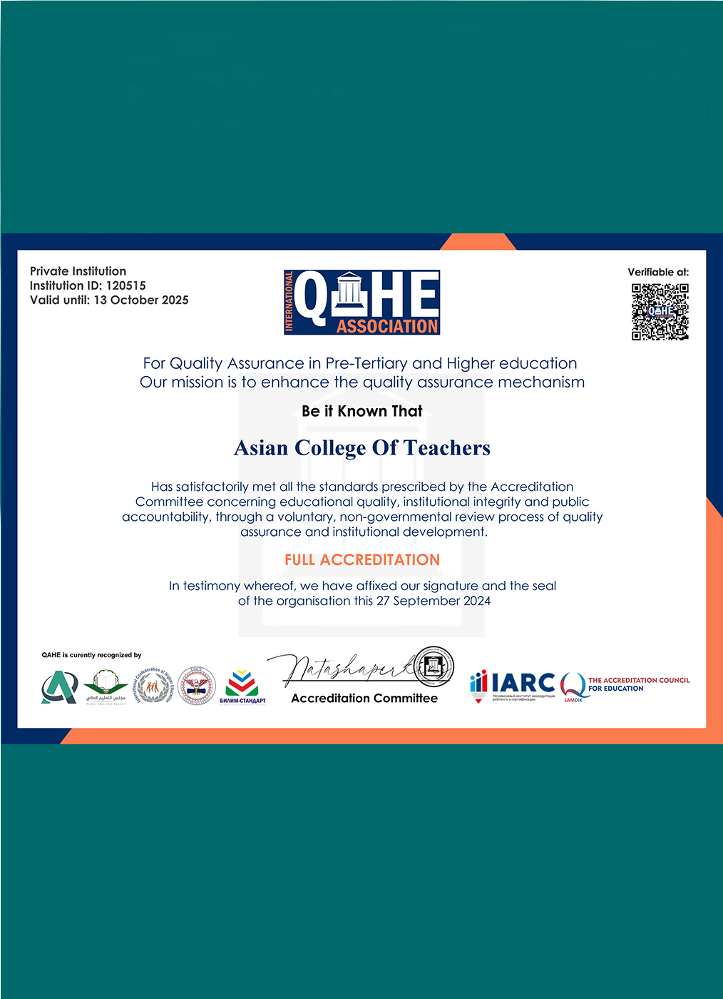 Performance Review Report of Asian College of Teachers by QAHE