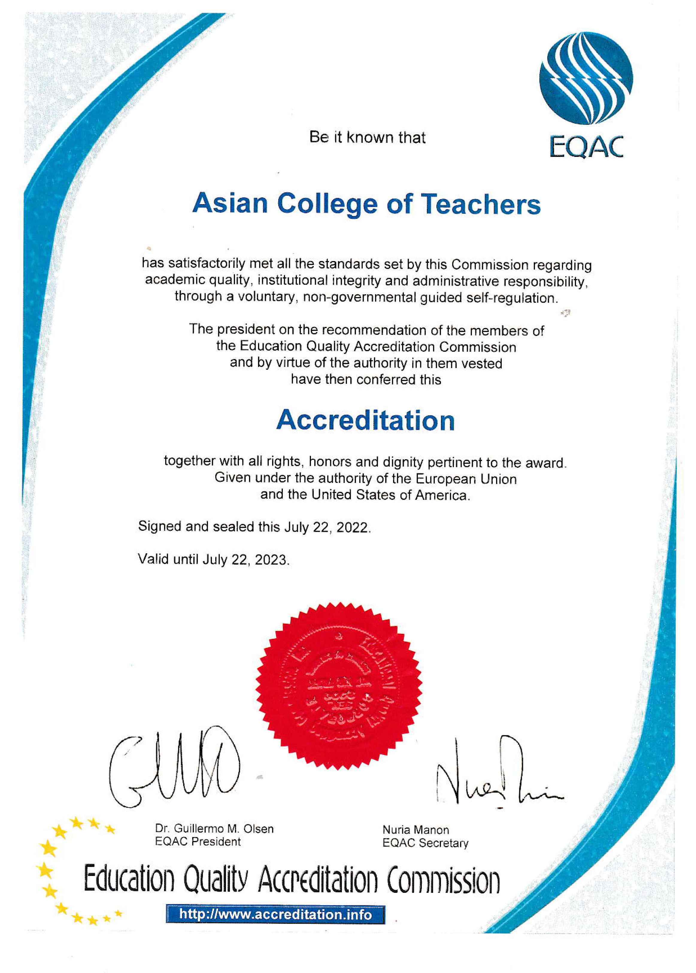 EQAC Accreditation Certificate - ACT